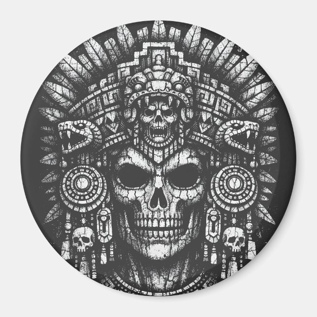 Aztec-Schädelkopfschmuck von BurnsInHell Magnet (Vorne)