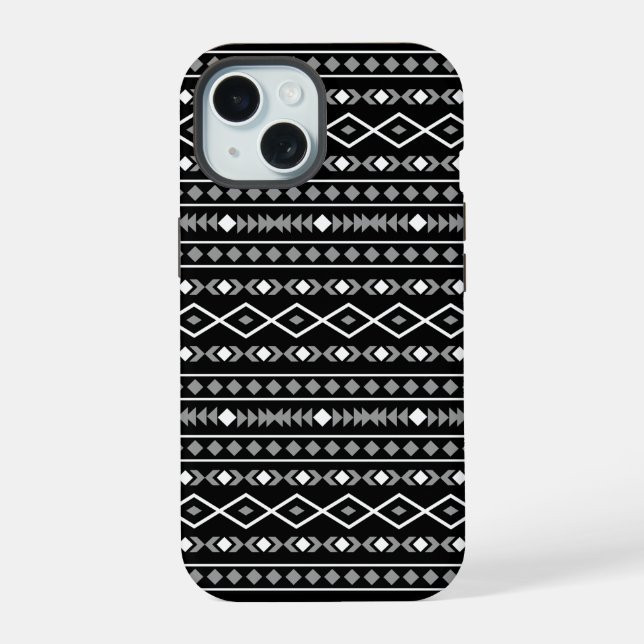 Aztec Shapes Pattern Grau Schwarz iPhone 15 Hülle (Rückseite)