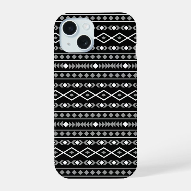 Aztec Shapes Pattern Grau Schwarz iPhone 15 Hülle (Rückseite)