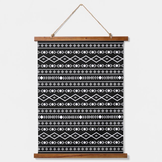 Aztec Shapes Pattern Grau Schwarz Wandteppich Mit Holzrahmen (Vorderseite)