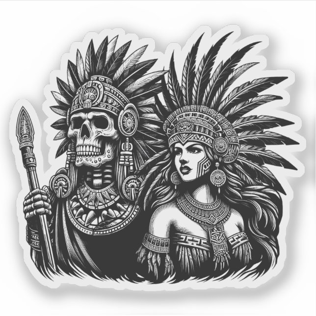 Aztec Skeleton Warrior mit Prinzessin Art Aufkleber (Vorderseite)