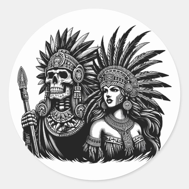 Aztec Skeleton Warrior mit Prinzessin Art Runder Aufkleber (Vorderseite)