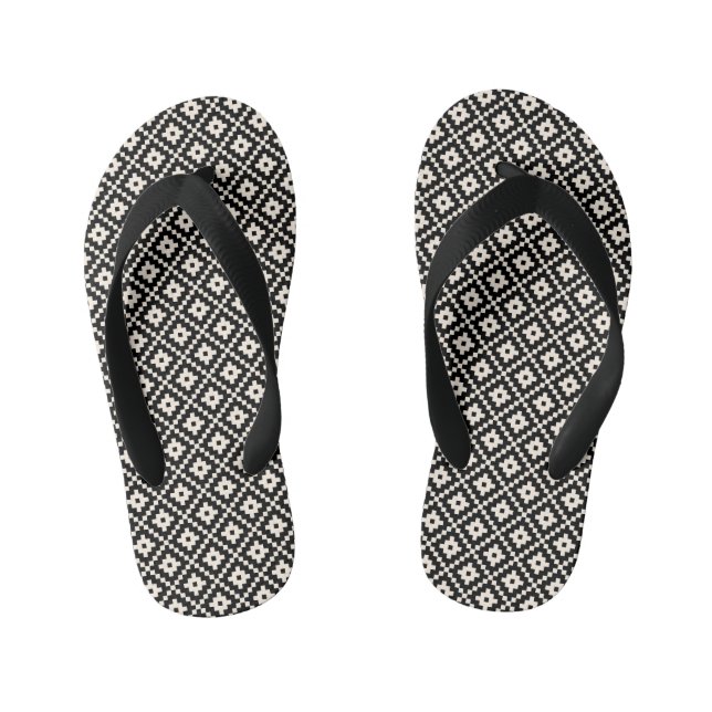 Aztec Style Block Print Black+Cream Rpt Muster Kinderbadesandalen (Fußbett)