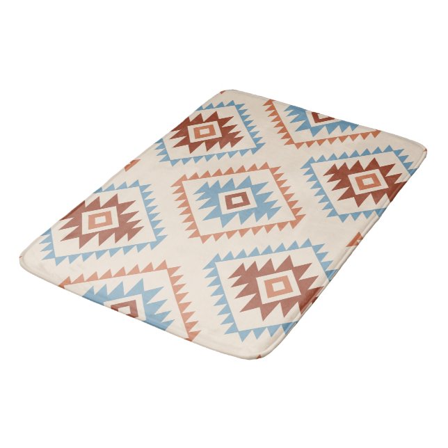 Aztec Style Motif Big Pattern Blue Crm Terracottas Badematte (Schrägansicht)