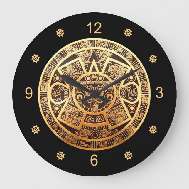 Aztec Sun Calendar ~ Gold & Black ~ Große Wanduhr (Vorderseite)