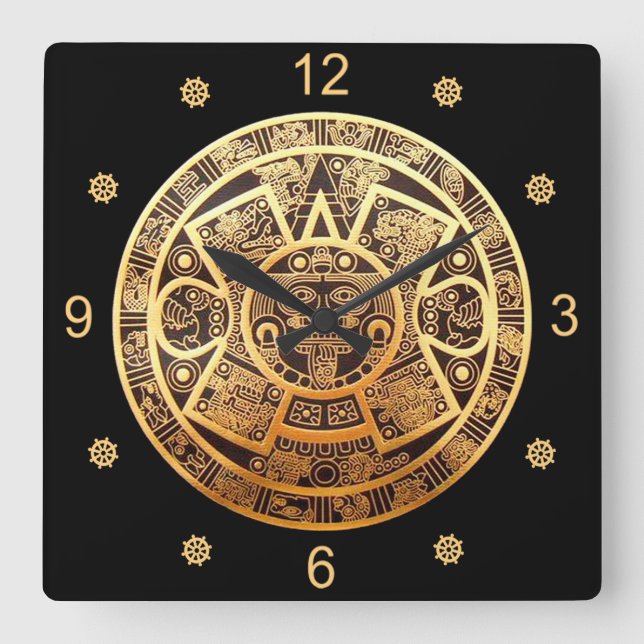 Aztec Sun Calendar ~ Gold & Black ~ Quadratische Wanduhr (Vorderseite)