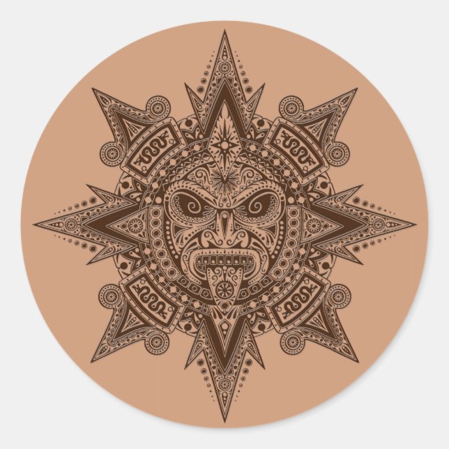 Aztec Sun Mask Brown Runder Aufkleber (Vorderseite)