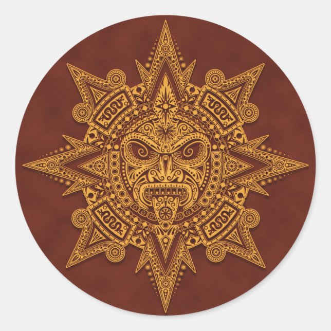 Aztec Sun Mask - Golden Red Runder Aufkleber (Vorderseite)