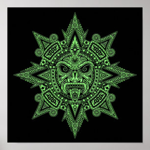 Aztec Sun Mask Green auf schwarz Poster