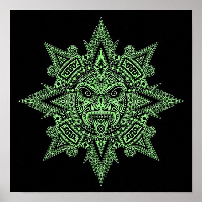 Aztec Sun Mask Green auf schwarz Poster (Vorne)