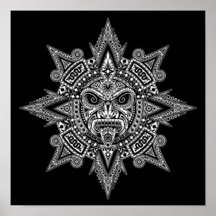 Aztec Sun Mask White auf schwarz Poster