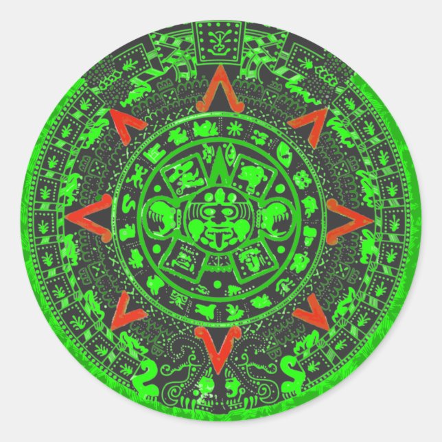 Aztec Sun Stone Green Design Runder Aufkleber (Vorderseite)