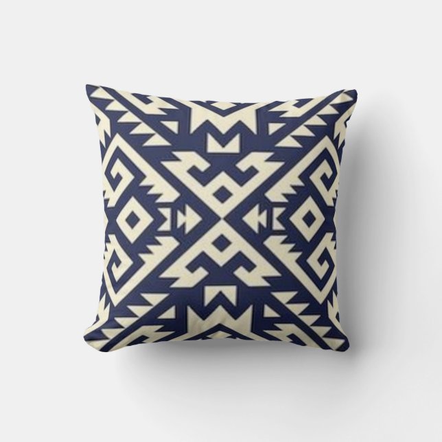 Aztec Tribal Design Throw Kissen in Beige & Blau (Vorderseite)