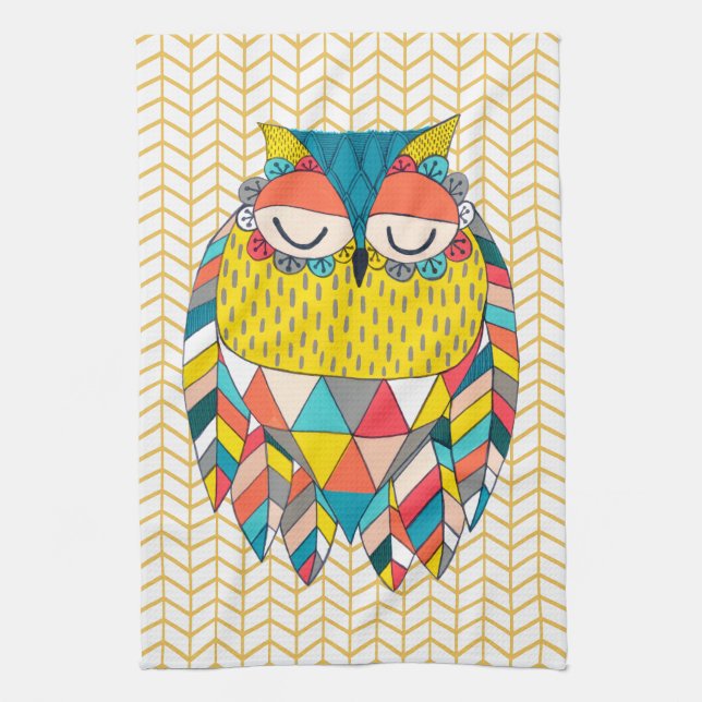 Aztec Tribal Modern Owl Illustration Küchentuch (Vertikal)