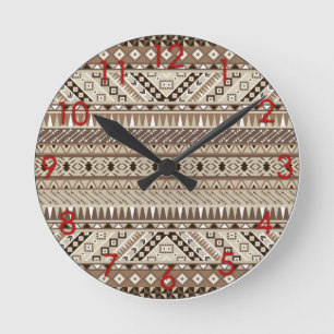 Aztec Tribal Print Neutral Browns Beige Taupe red Runde Wanduhr