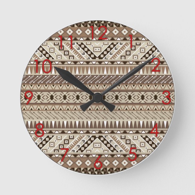 Aztec Tribal Print Neutral Browns Beige Taupe red Runde Wanduhr (Vorderseite)