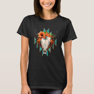 Aztec Turquoise Cow Bull Skull Western Rodeo Boho T-Shirt