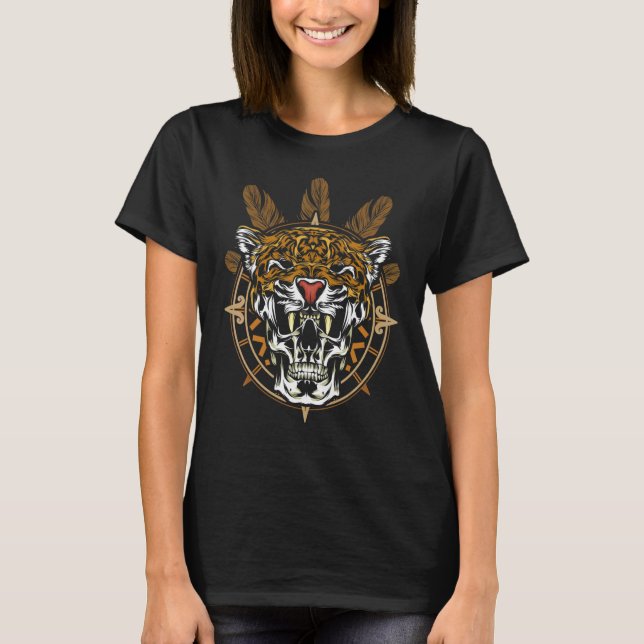 Aztec Warrior Jaguar Death Skull Native Headdress T-Shirt (Vorderseite)