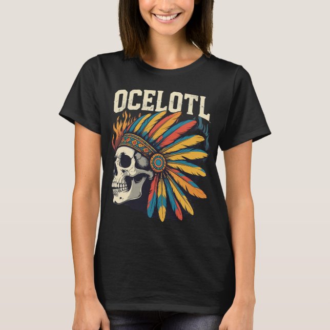 Aztec Warrior Skull mit farbenfrohen Feather Headd T-Shirt (Vorderseite)