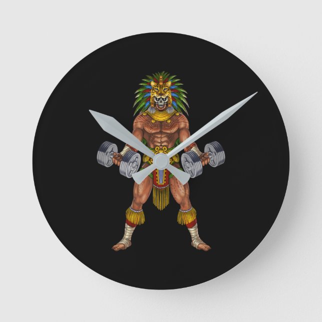 Aztec Warrior Weightlifting Runde Wanduhr (Vorderseite)
