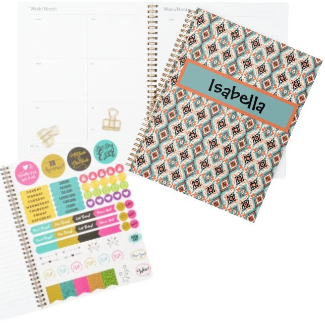 Aztec Western Tribal Aquamarin Peach Planer (Aztec Western Planner includes stickers, which is customized with your name)
