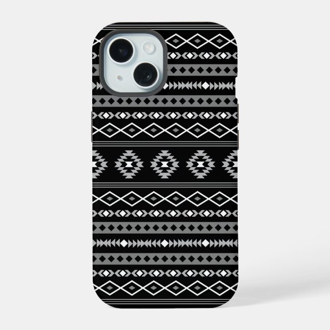 Aztec White Gray Black Mixed Motifs Muster iPhone 15 Hülle (Rückseite)