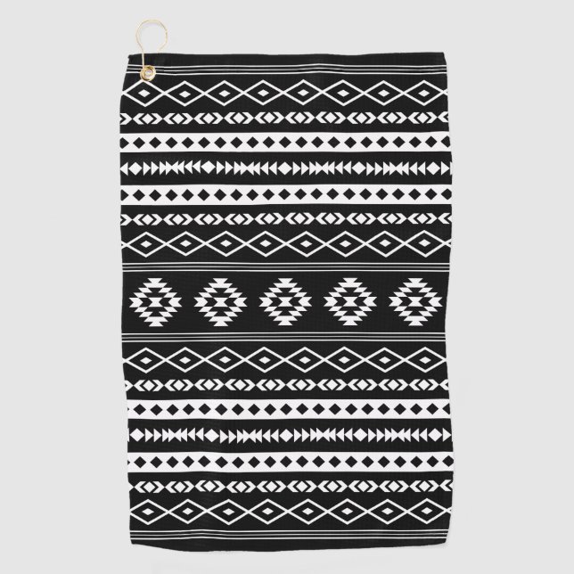 Aztec White on Black Mixed Motifs Pattern Golfhandtuch (Vorderseite)
