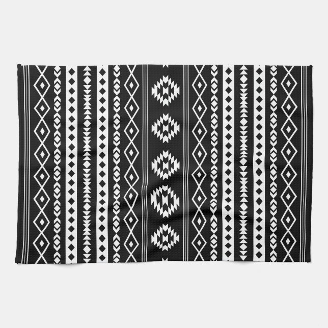 Aztec White on Black Mixed Motifs (V)-Muster Geschirrtuch (Horizontal)