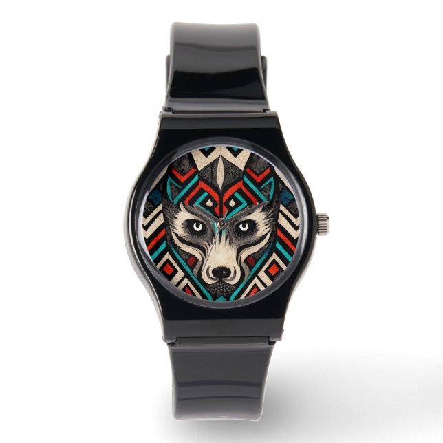 Aztec Wolf Face Armbanduhr (Vorderseite)