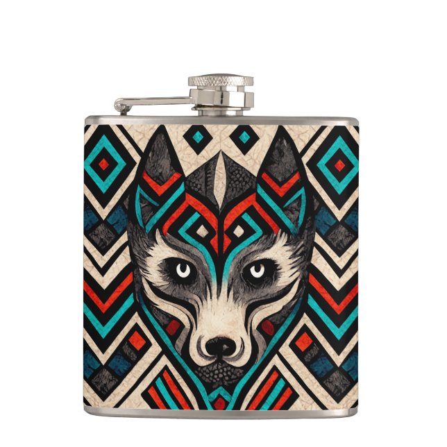 Aztec Wolf Face Flachmann (Vorderseite)