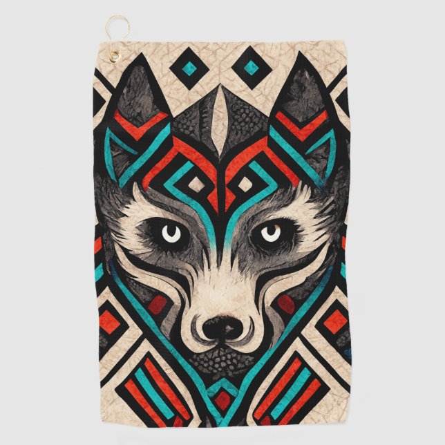Aztec Wolf Face Golfhandtuch (Vorderseite)
