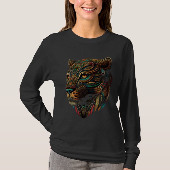 Azteca Mountain Lion Indigenous Aztec Colorful Ani T-Shirt (Vorderseite)