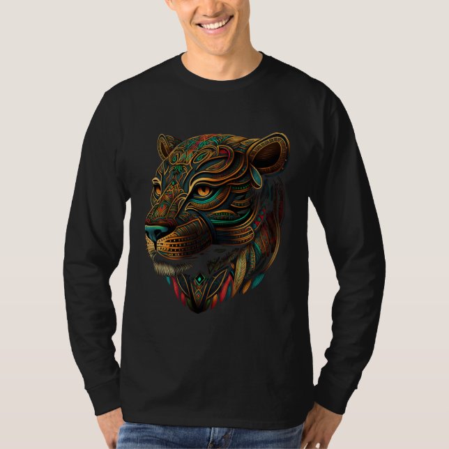 Azteca Mountain Lion Indigenous Aztec Colorful Ani T-Shirt (Vorderseite)