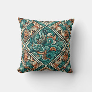 Azteken-Inspiriertes Aquamarines und Terracotta-Mu Kissen
