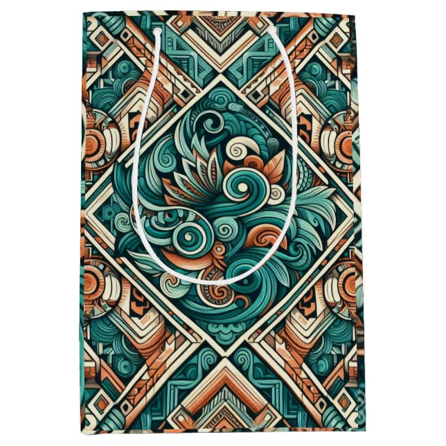 Azteken-Inspiriertes Aquamarines und Terracotta-Mu Mittlere Geschenktüte (Vorderseite)