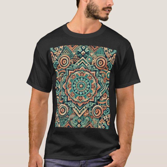 Azteken-Inspiriertes Aquamarines und Terracotta-Mu T-Shirt (Vorderseite)