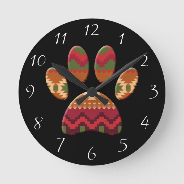 Azteken-Muster Hundepfote Runde Wanduhr (Vorderseite)
