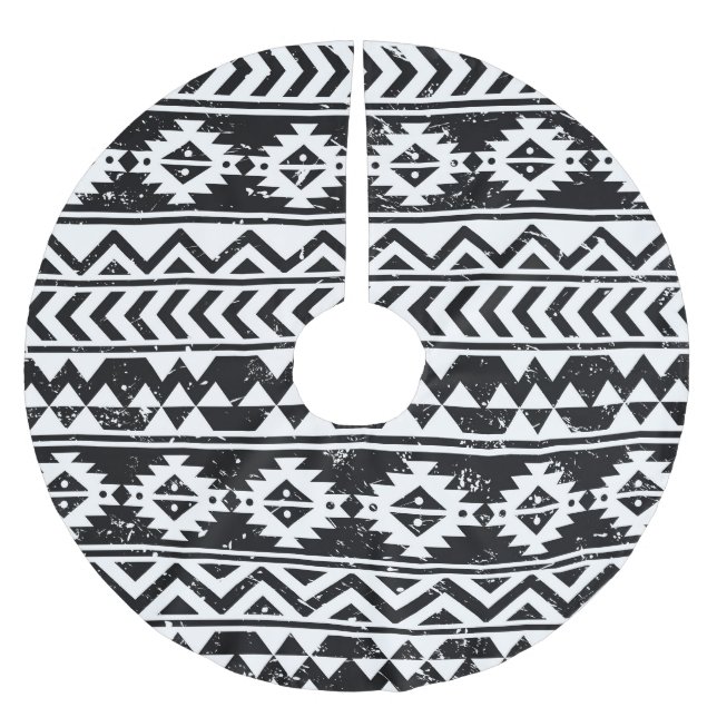 Azteken-Stamm: grunge weiße Muster. Polyester Weihnachtsbaumdecke (Vorderseite)