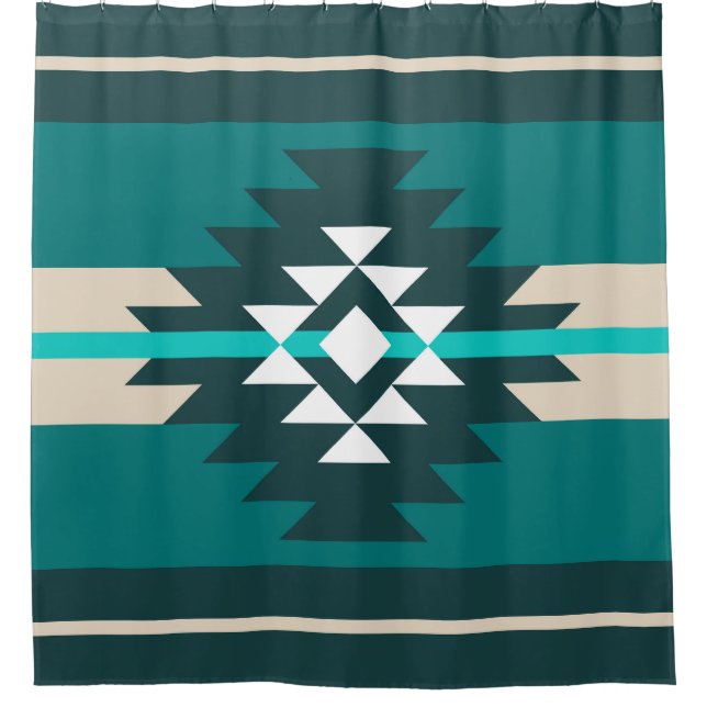Aztekendesign in türkisfarbener Farbe Duschvorhang (Vorderseite)