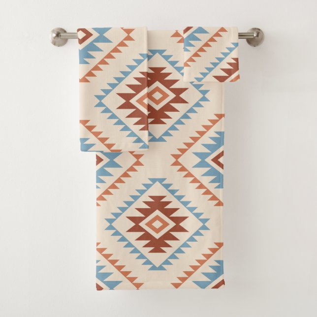 Aztekisches Art-Motiv-großes Muster blaue Crm Badhandtuch Set (Insitu)