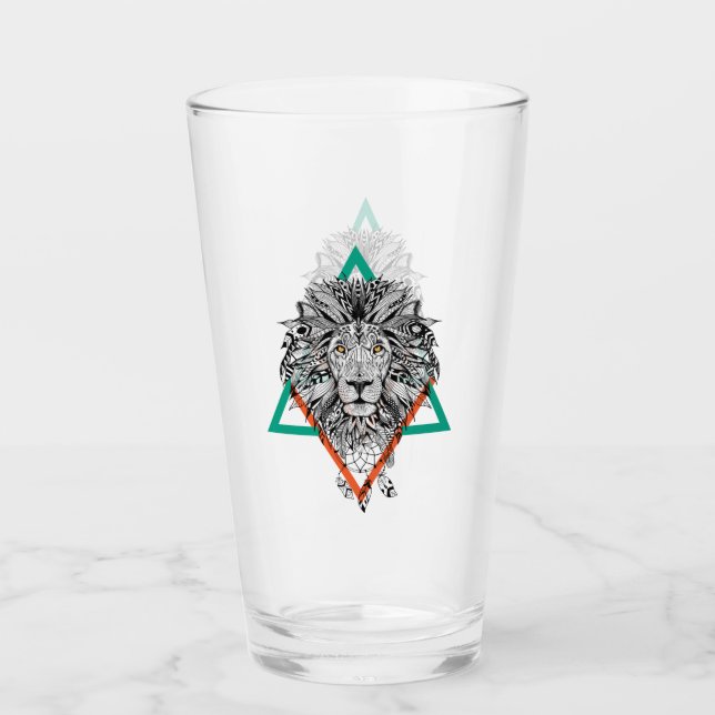 Aztekisches geometrisches Löwe-Porträt Glas (Vorderseite)