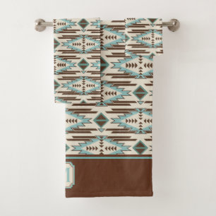 Aztekisches Muster-Monogramm Aqua-Browns Badhandtuch Set