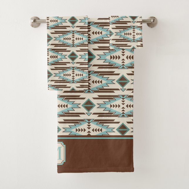 Aztekisches Muster-Monogramm Aqua-Browns Badhandtuch Set (Insitu)