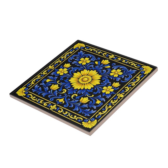 Azul Oro Flor — Florales Azulejo  Fliese (Seite)