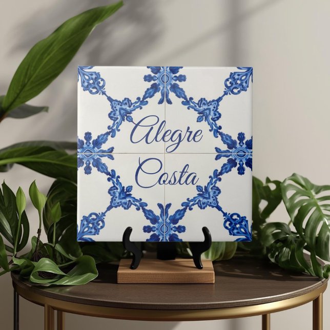 Azulejo Blau Benutzerdefiniertes Haus Namensschild Fliese (Azulejo Mediterranean Blue & White Custom House Name Or Family Name Plaque Sign Square Ceramic Tile)