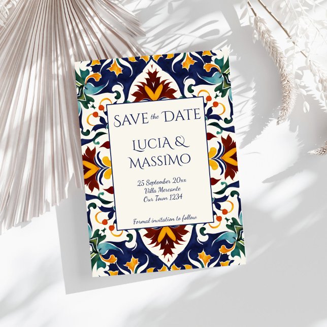 Azulejo Blau Portugiesisches Mittelmeer verziert Save The Date (Azulejo blue Portuguese Mediterranean wedding ornate vintage bohemian tiles Save The Date)