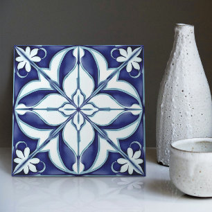Azulejo Blau und Weiß Symmetrisches Blumenmuster Fliese