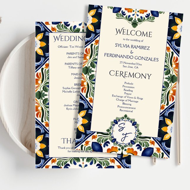 Azulejo-blaue Talavera-mexikanische Hochzeitsprogr (Azulejo blue Talavera vintage Mexican wedding program elegant order of events day of stationery)