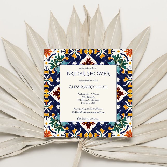 Azulejo blauer Mittelmeerraum Brautparty Einladung (Azulejo blue colorful Portugueses  Mediterranean ornate tile bridal shower Invitation template )
