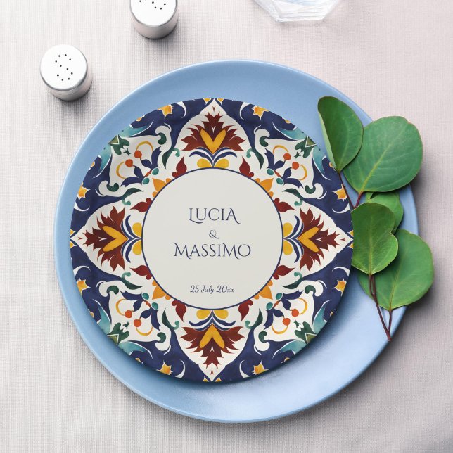 Azulejo Blauer Mittelmeertraum gedruckt Pappteller (Azulejo blue Mediterranean Morocco wedding monogram printed Paper Plates personalized table decor)